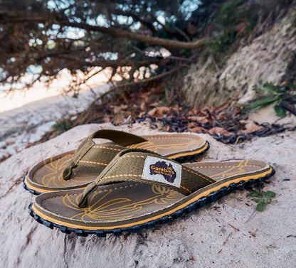 Mens CANVAS Flip Flops - Palm Leaf Khaki